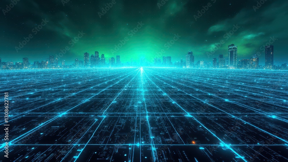 Naklejka premium Glowing interface grids, Neon blue and green interface grid hexagonal lattice under cyberspace skyline glowing patterns