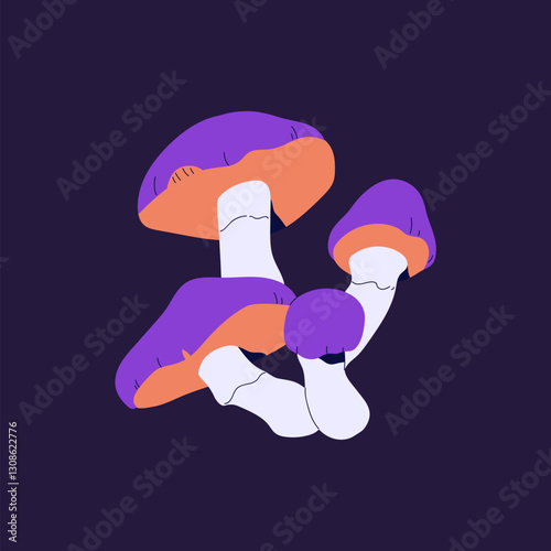 Inedible forest mushrooms with purple caps. Icon of colourful poisonous boletus. Wild psychedelic fungus, violet hallucinogenic bolete. Woodland venomous fungi. Flat isolated vector illustration