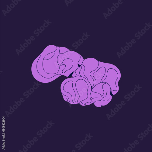 Icon of purple wood or jelly ear mushroom. Inedible venomous fungus, violet hallucinogenic bolete, psychedelic boletus. Woodland poisonous fungi, forest toxic food. Flat isolated vector illustration