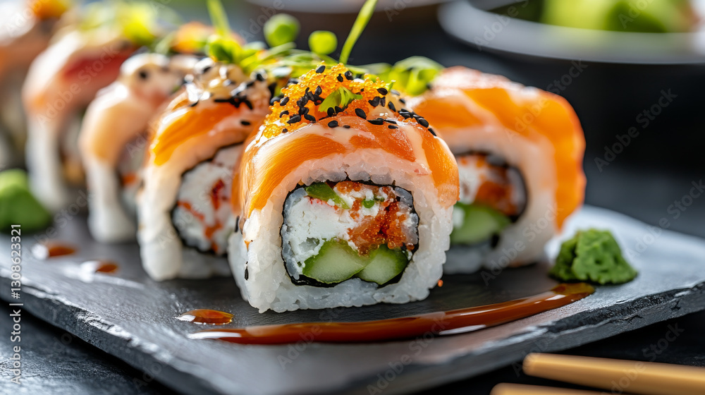 close up of delicious salmon sushi rolls topped with roe and garnished with sesame seeds and microgreens, served on slate plate with wasabi and soy sauce close up of delicious salmon sushi rolls topped with roe and garnished with sesame seeds and microgreens, served on slate plate with wasabi and soy sauce