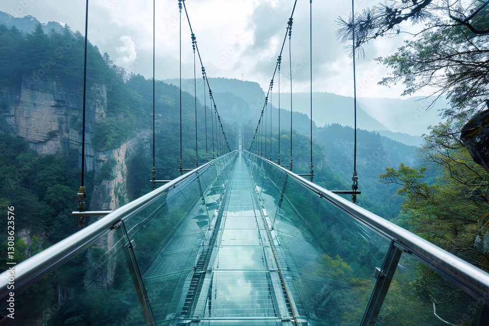 Obraz premium Modern glass bridge with scenic views over a lush forest landscape on a sunny day.