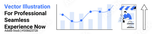 Bar graph, line chart indicating growth, storefront with a seller organizing products, upward arrow. Ideal for business, e-commerce, analytics, growth, marketing innovation flat landing page banner