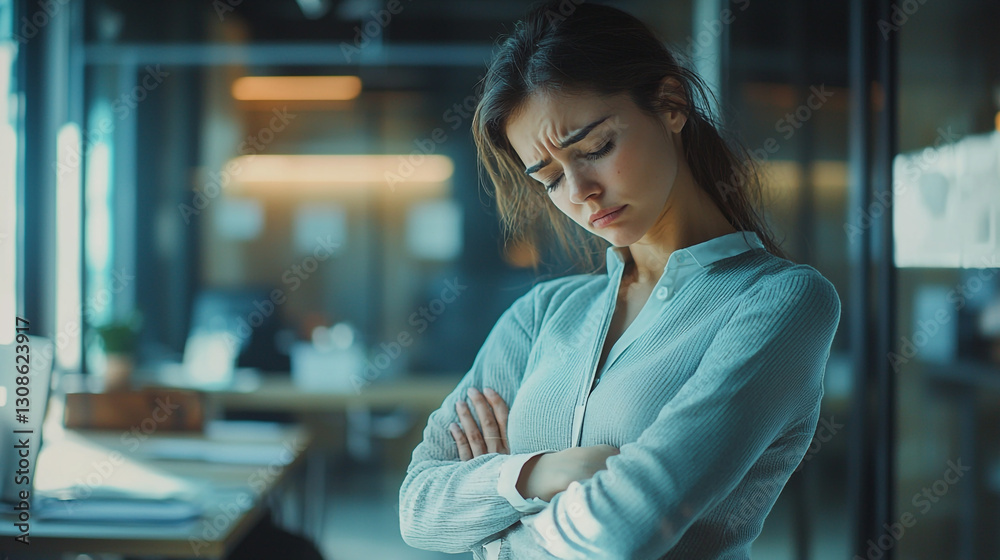 Obraz premium Sad young woman sitting alone feeling depressed and stressed at work blue grey mood tired adult