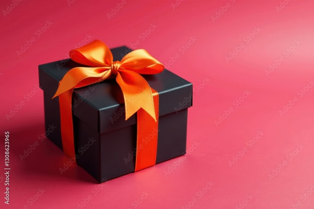Fototapeta premium Black gift box with vibrant orange ribbon & rose Valentine's Day theme , valentine, silk ribbon