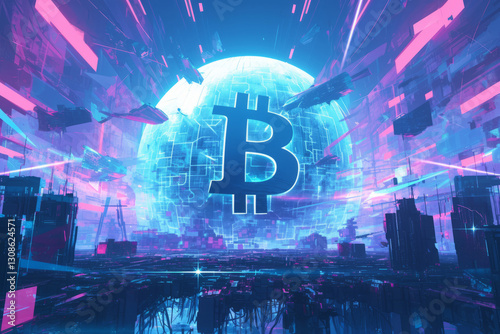 An abstract depiction with a glowing hologram bitcoin symbol at the center, surrounded by neon lights of futuristic city.