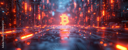 An abstract depiction with a glowing hologram bitcoin symbol at the center, surrounded by neon lights of futuristic city.