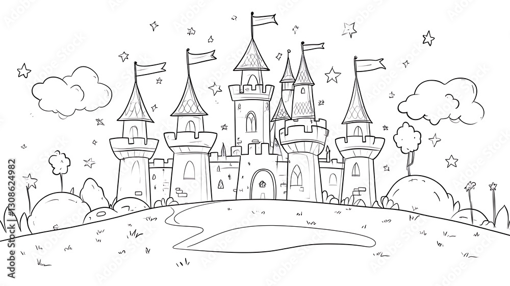 Fototapeta premium A Fairytale Castle Drawing With Stars And Clouds