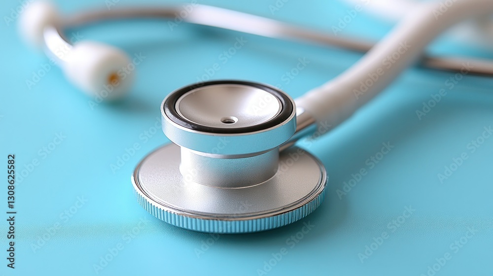 Close-up medical stethoscope on light blue surface Close-up medical stethoscope on light blue surface