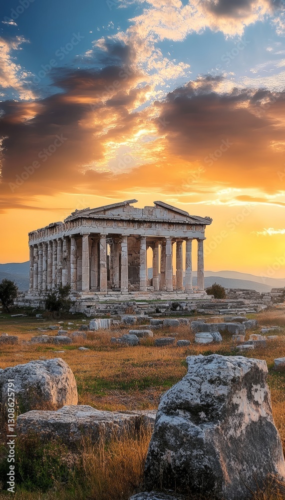 Obraz premium Panoramic view of ancient temple ruins showcasing greek architecture against a dramatic dusk sky