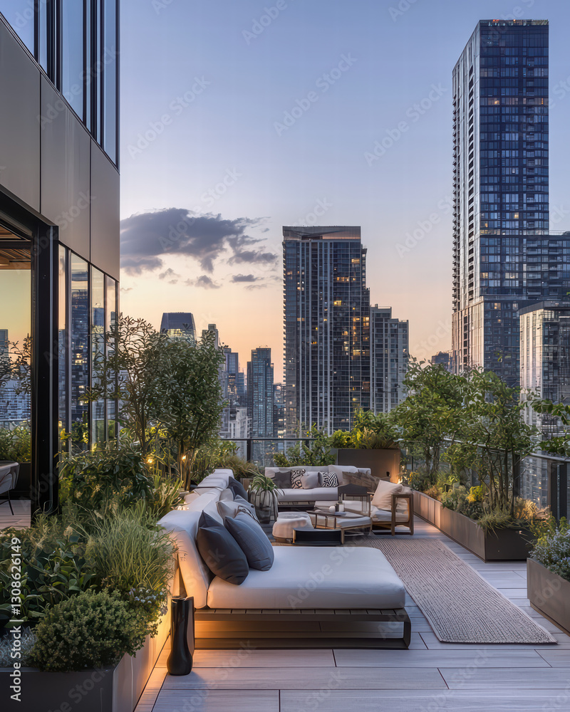 Luxury City Rooftop Oasis: A stunning, modern rooftop terrace in an urban setting, designed for relaxation and enjoyment, complete with contemporary furnishings and breathtaking cityscape views. Luxury City Rooftop Oasis: A stunning, modern rooftop terrace in an urban setting, designed for relaxation and enjoyment, complete with contemporary furnishings and breathtaking cityscape views.