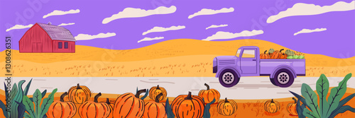 Vintage truck carrying pumpkins in rural autumn landscape with red barn and fields under a purple sky. Farm harvest scene