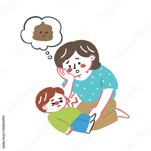 息子が長い間便が出ていなくてお腹が痛いのを心配している母親　腸内環境についてのイラスト