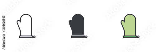 Oven mitt or oven glove different style icon set