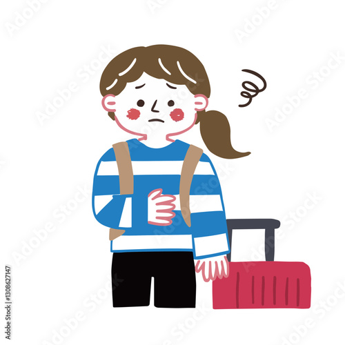旅行先でお腹の調子がおかしい女性　腸内環境についてのイラスト