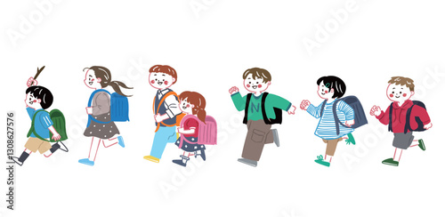 走っている小学生の子供達のイラストセット