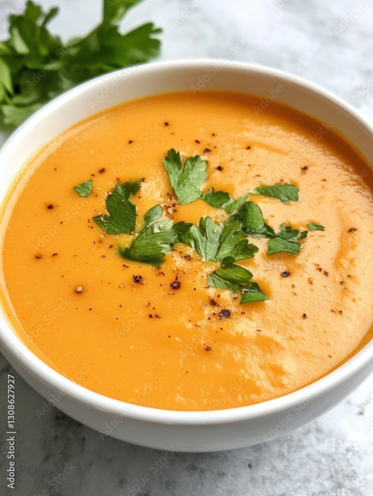 A bowl of creamy butternut soup with parsley on top A bowl of creamy butternut soup with parsley on top