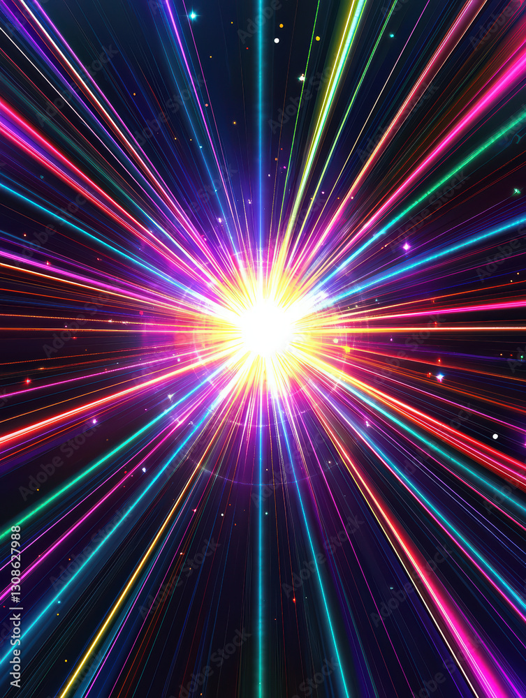 Fototapeta premium Abstract Burst of Colors: A vibrant and dynamic visual of multicolored light beams radiating outwards from a central point, creating a sense of energy and movement.