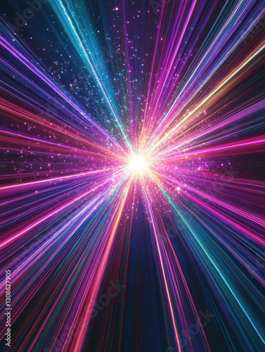 Dynamic Light Burst: Capturing the essence of vibrant energy, this artwork presents a captivating explosion of colorful light rays emanating from a central point.