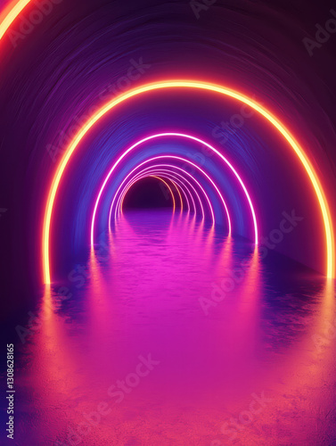 Neon tunnel illusion: A neon-lit tunnel creates an immersive journey with its repeating archways and glowing orange and purple illumination