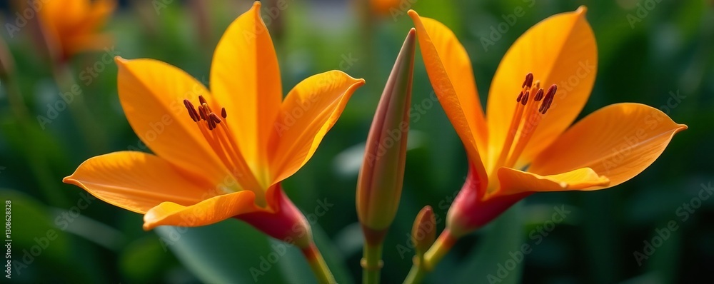 Obraz premium Close-up of exotic orange flowers in full bloom, botanical background texture, full bloom, closeup, texture