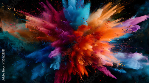 Abstract colorful explosion of color on a dark background, featuring vibrant splashes and artistic energy.