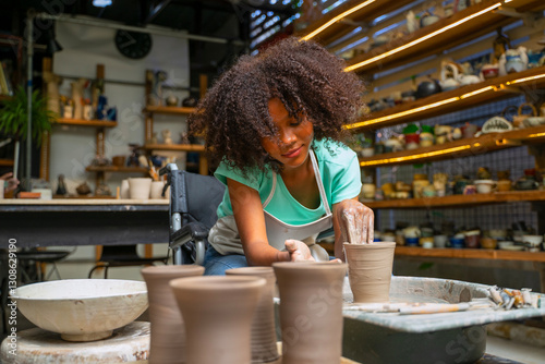 Disability woman make earth ware at workshop.