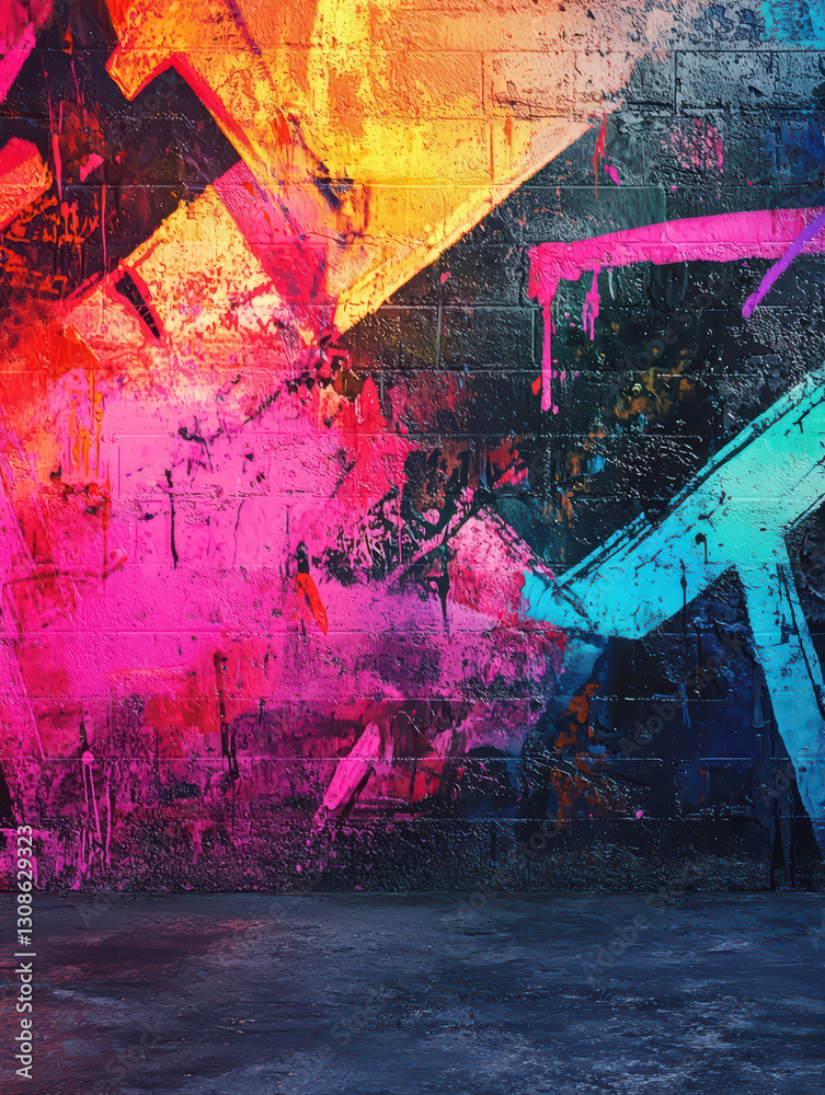 Fototapeta premium Urban Art: A vibrant display of urban art bursts across a weathered brick wall, creating a fusion of color and texture that encapsulates street art's raw energy and expressive power.