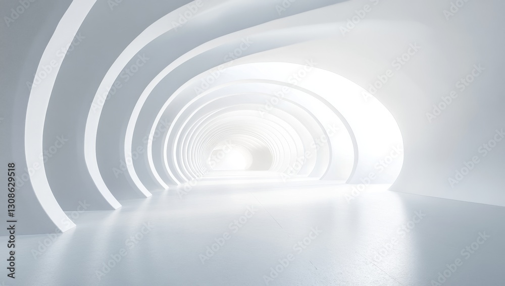 Modern, arching tunnel hallway, bright light