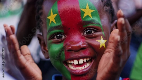 Excited Cameroonian child with national flag face paint cheering with raised arms at a sports stadium