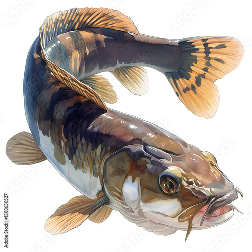 Valokuva A detailed illustration of a burbot fish, showcasing its intricate scales and vibrant colors against a black background