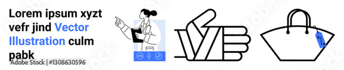 Female scientist holding a clipboard, thumbs-up hand gesture, shopping bag with tag emphasizing approval, commerce, and research. Ideal for science, success, retail, approval analysis branding