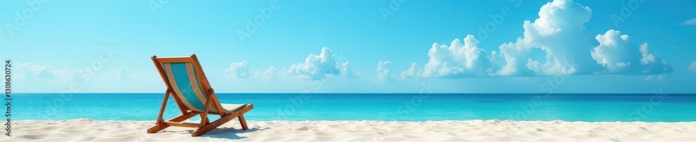 Empty canvas beach chair facing the sea on a sunny day, cloudless blue sky , bright, tranquility Empty canvas beach chair facing the sea on a sunny day, cloudless blue sky , bright, tranquility