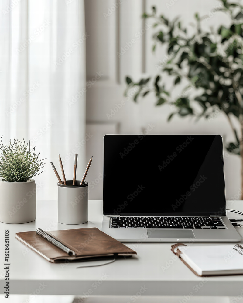 Fototapeta premium Serene Workspace Setup: An inviting workspace with a laptop, notebooks, and greenery create a comfortable environment. Ideal for creative professionals