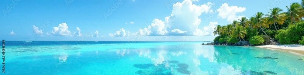 Azure sky mirrors calm Maldivian waters; idyllic scene , sun, calm Azure sky mirrors calm Maldivian waters; idyllic scene , sun, calm