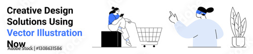 Woman with phone sitting on shopping cart, hand gesture from figure suggesting interaction, potted plant. Ideal for e-commerce, digital marketing, online shopping, user experience, branding, website