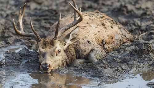 Stag wallowing in mud pit, blurry background