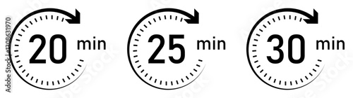 20-, 25- and 30-minutes timer and clock vector icons set in black color. Timer logo. Clock symbols, stopwatch signs, Timer icons. Vector illustration.