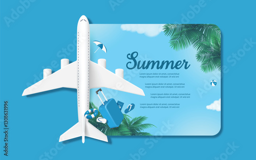 Template for placing text ads in the summer travel. The image consists of an airplane, a suitcase, and a background of a sky and soft sunlight over the sea, vector 3d isolated for summer concept