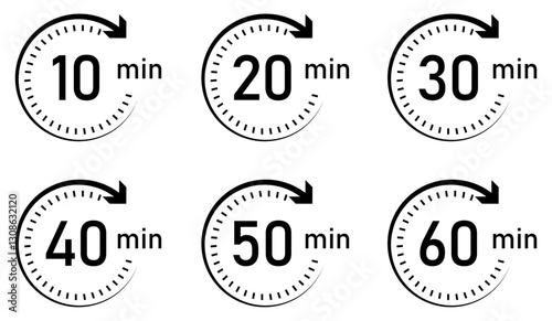 Timer icon set, timer from 10 to 60 minutes. Timer, clock, stopwatch vector icon set. 10, 20, 30, 40, 50, 60 min, timer clock isolated vector illustration. Flat style.