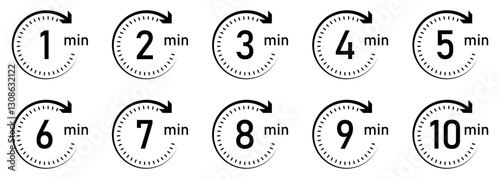 Timer, clock, stopwatch vector icon set. Timer icon set, timer from 1 to 10 minutes. 1, 2, 3, 4, 5, 6, 7, 8, 9, 10, min, timer clock isolated vector illustration. Flat style.