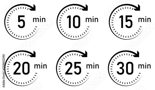 Timer icon set, timer from 5 to 30 minutes. 5, 10, 15, 20, 25, 30, min, timer clock isolated vector illustration. Flat style. Timer, clock, stopwatch vector icon set isolated on white background.