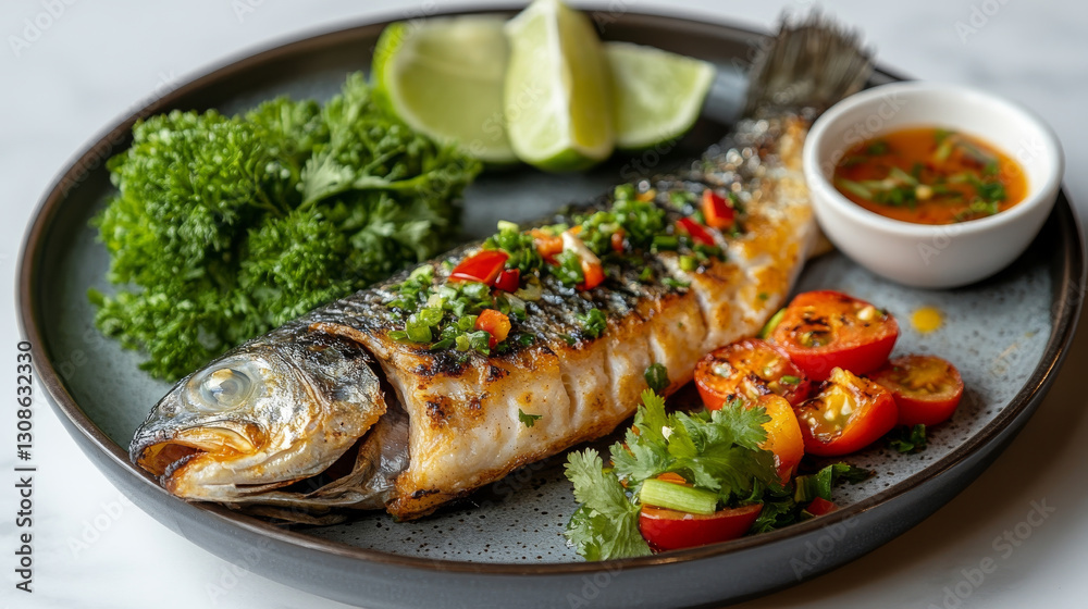 Grilled fish garnished with herbs and chili, served with lime and sauce on plate Grilled fish garnished with herbs and chili, served with lime and sauce on plate