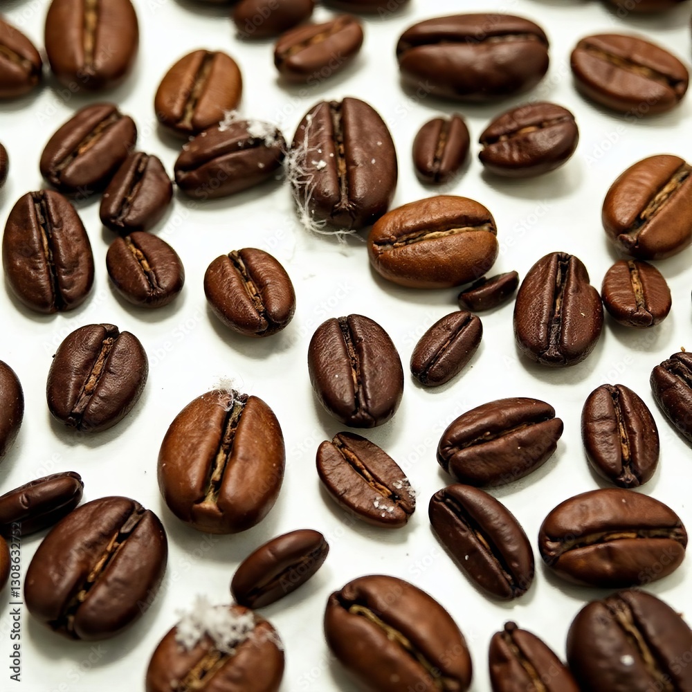 Close-up of roasted cocoa beans on a white background, beans, chocolate Close-up of roasted cocoa beans on a white background, beans, chocolate
