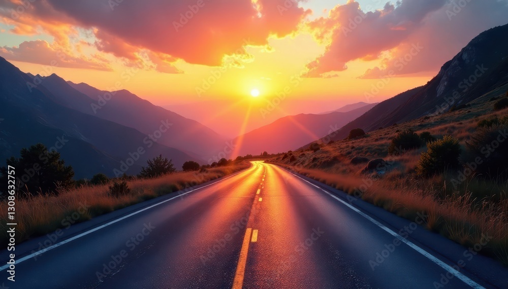 Naklejka premium Endless mountain road at vibrant sunset, clear sky reflects light , curve, vast, sunset