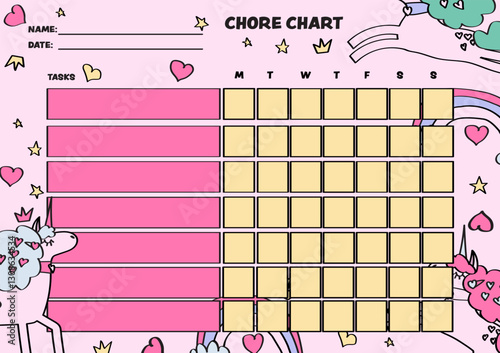 pink unicorn-themed chore chart for the classroom or house use.