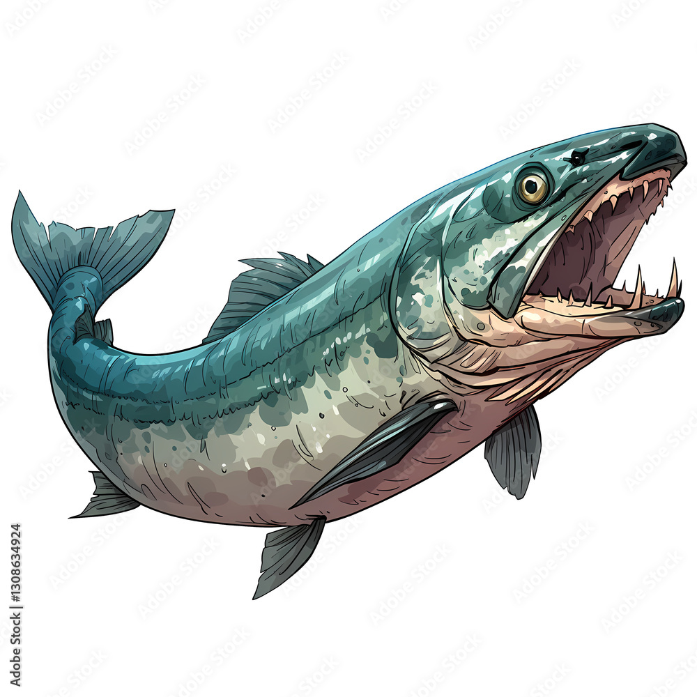 Fototapeta premium A detailed illustration of a fearsome, large fish with sharp teeth, depicted in shades of teal and gray.