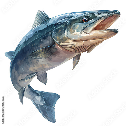 A powerful illustration of a salmon leaping, showcasing its detailed scales and dynamic form.