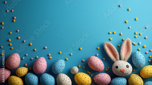 Easter party ideas with a powder blue background, featuring an overhead view of Easter eggs and bunny ears, leaving a blank area in the middle for creative designs or text placement.