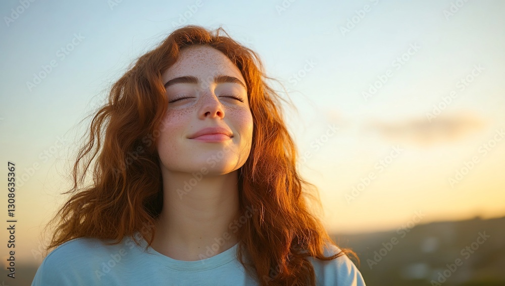 Young Redhead Woman Sunset Serene Peaceful Calm Relaxed Happy Beautiful Wellness Young Redhead Woman Sunset Serene Peaceful Calm Relaxed Happy Beautiful Wellness