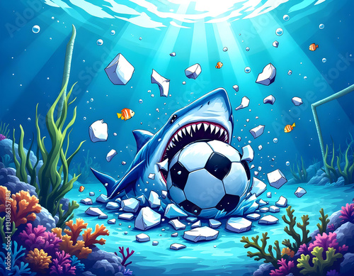 Cartoon Shark Tearing Apart Soccer Ball in Underwater Field